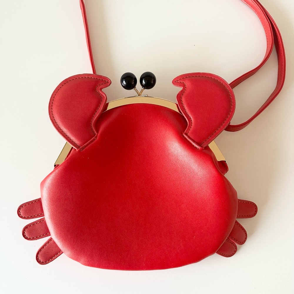 Red Crab Novelty Crossbody Bag Kiss Lock Faux Leather